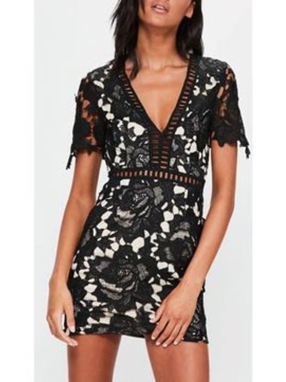 Missguided Black Lace V-Neck Mini Dress with Cream Lining